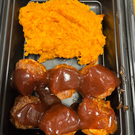 Bacon bourbon meatballs with mashed sweet potatoes