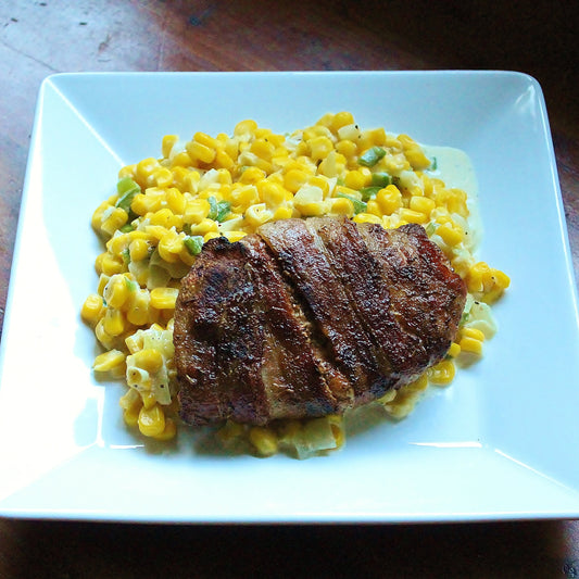 Bacon Wrapped Pork Chops with Jalapeno Cream Corn