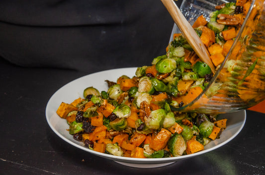 Roasted Sweet Potatoes and Brussels Sprouts